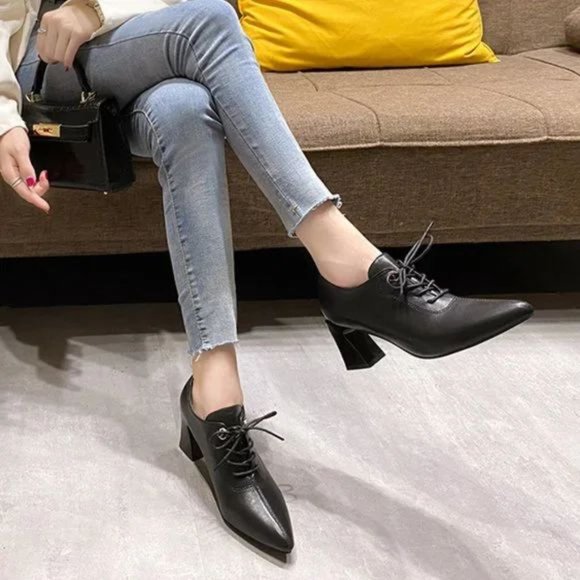 Women's lace-up fashion shoes with pointed toes and thick single shoes - Picture 4 of 4